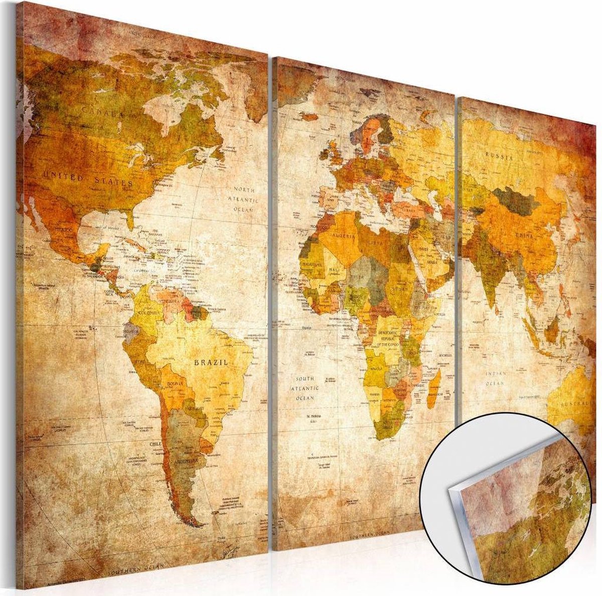 karo-art Afbeelding op acrylglas - Antieke reizen, wereldkaart, Bruin, 3luik Multikleur