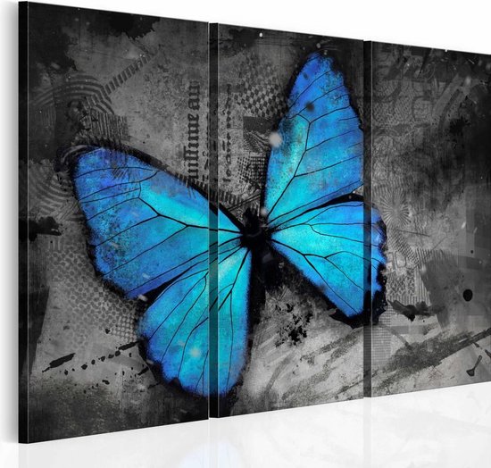 controleren Alternatief deadline Schilderij - Blauwe Vlinder, blauw/zwart, premium print op canvas,  wanddecoratie, 3luik | bol.com