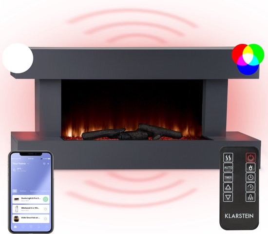 Klarstein Studio Light & Fire 1 Smart Haard - LED Vlammenillusie - Verwarmingsfunctie Met 1000/ 2000W - Wifi-Bediening - Sfeerverlichting - Helderheid Vlammen: 5 Standen - Vlammen: 7 Kleuren - Aan/Uit Timer - MDF Behuizing - LED-Display - Zwart