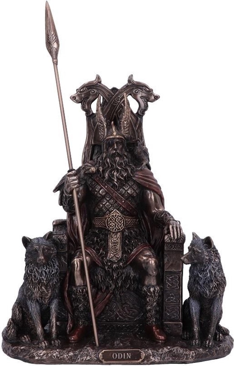 Nemesis Now Beeld/figuur Odin - All Father Bronskleurig - beeld - Zittend op Troon met Wolven - Zeer gedetailleerd-Zware Kwaliteit
