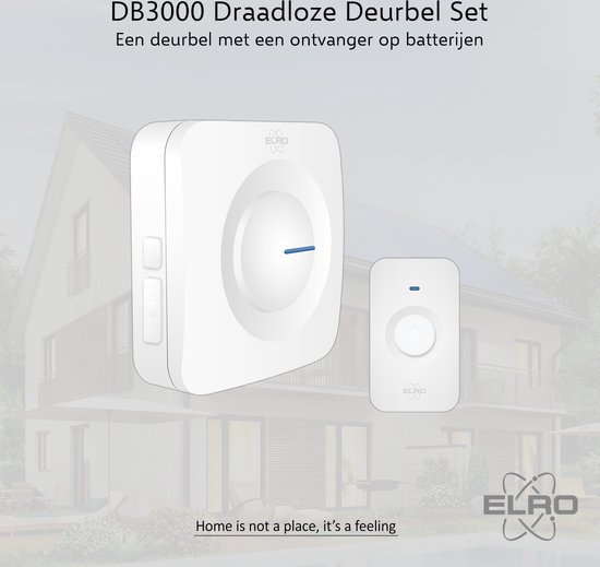 ELRO DB3000 Draadloze Deurbel Set – met Ontvanger op batterij - Bereik 300 meter - IP65 Waterdicht - 64 Melodieën - Wit - ELRO