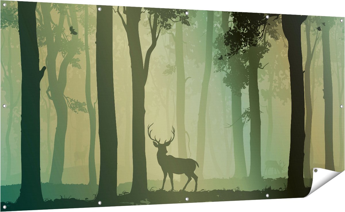 Gards Tuinposter Hert in het Bos - Silhouet - 200x100 cm - Tuindoek - Tuindecoratie - Wanddecoratie buiten - Tuinschilderij Multikleur