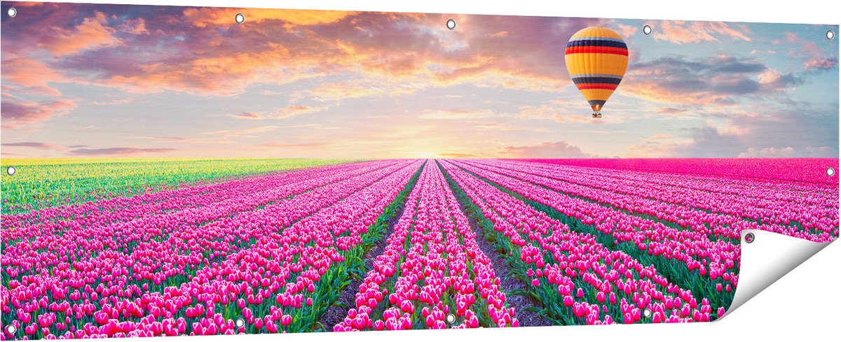 Gards Tuinposter Bloemenveld met Roze Tulpen - Luchtballon - 180x60 cm - Tuindoek - Tuindecoratie - Wanddecoratie buiten - Tuinschilderij Multikleur