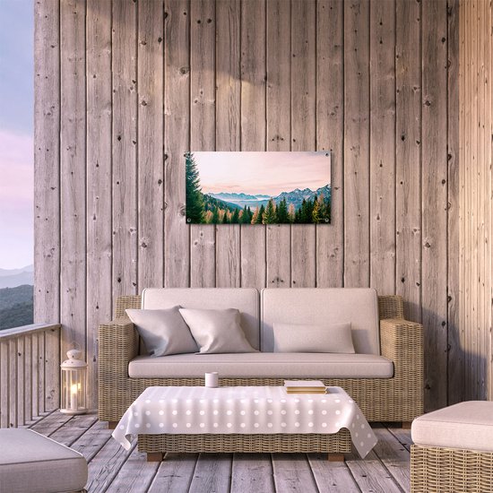 Gards Tuinposter Bos met Bomen bij Bergen Landschap - 80x40 cm - Tuindoek - Tuindecoratie - Wanddecoratie buiten - Tuinschilderij