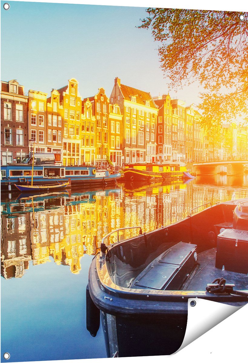 Gards Tuinposter Amsterdamse Brug - Gracht - met Bloemen - 80x100 cm - Tuindoek - Tuindecoratie - Wanddecoratie buiten - Tuinschilderij Multikleur