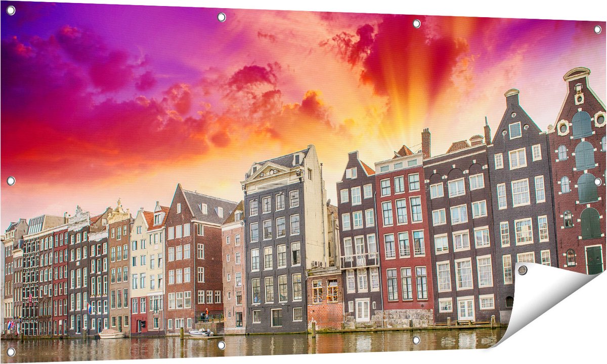 Gards Tuinposter Amsterdamse Huisjes bij het Kanaal - Kleur - 140x70 cm - Tuindoek - Tuindecoratie - Wanddecoratie buiten - Tuinschilderij Multikleur