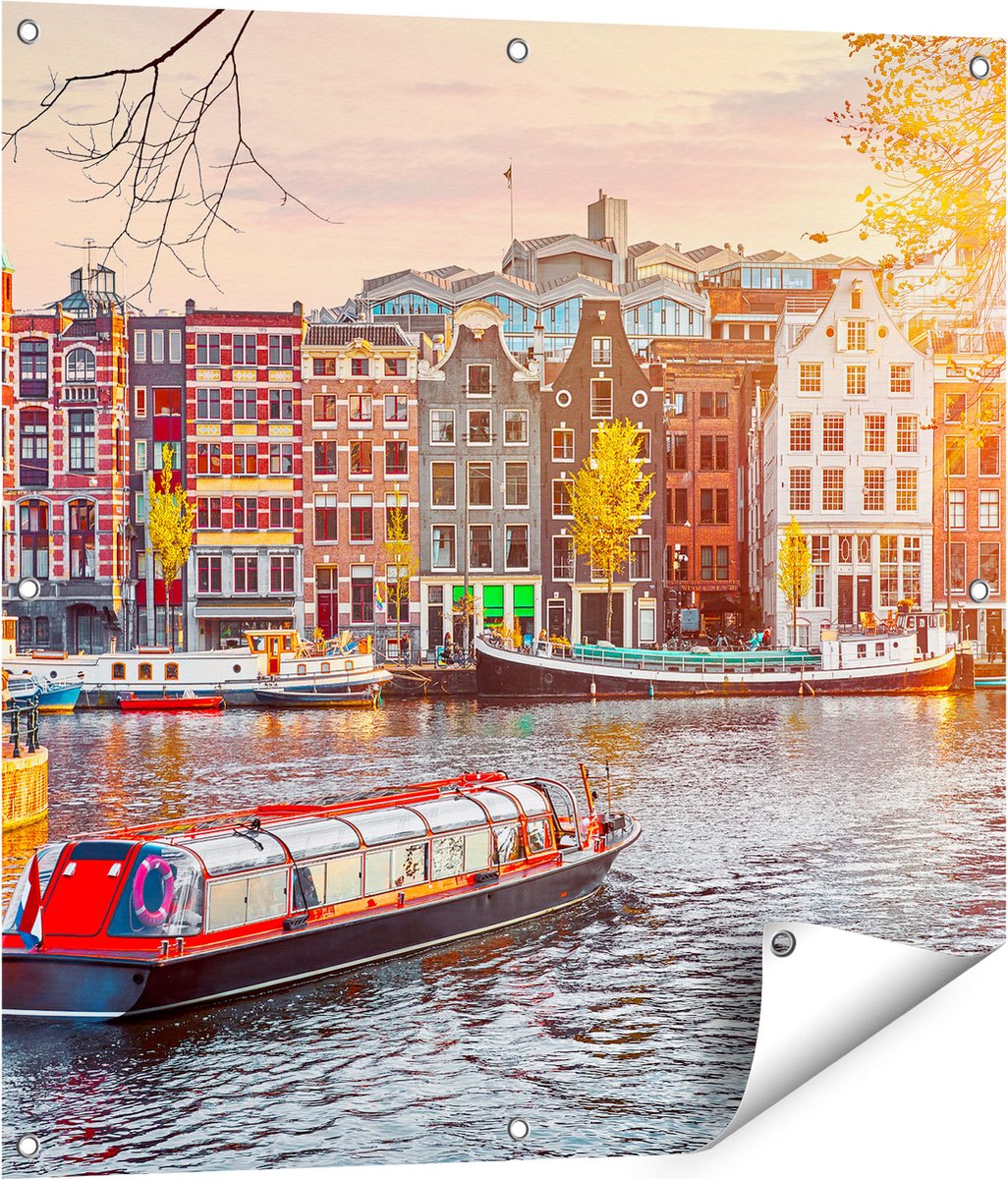 Gards Tuinposter Amsterdamse Huisjes vanaf de Grachten - 80x80 cm - Tuindoek - Tuindecoratie - Wanddecoratie buiten - Tuinschilderij Multikleur