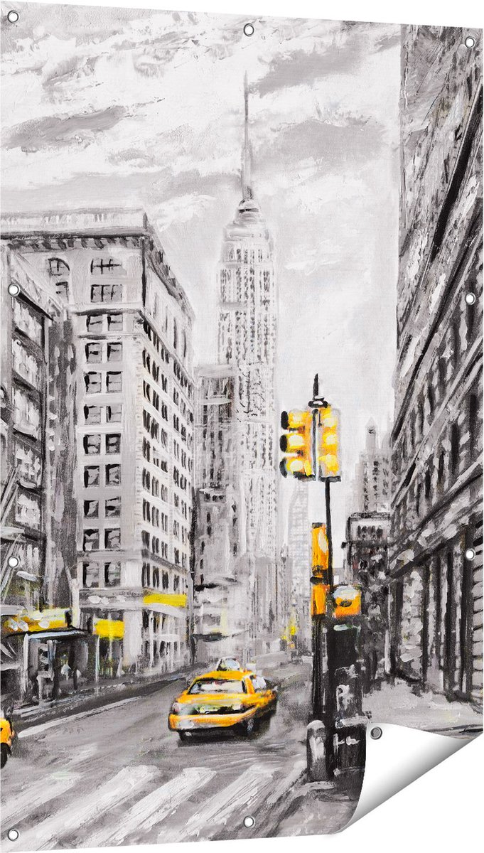 Gards Tuinposter Geschilderde New York Tekening - Zwart Wit - 80x120 cm - Tuindoek - Tuindecoratie - Wanddecoratie buiten - Tuinschilderij Multikleur