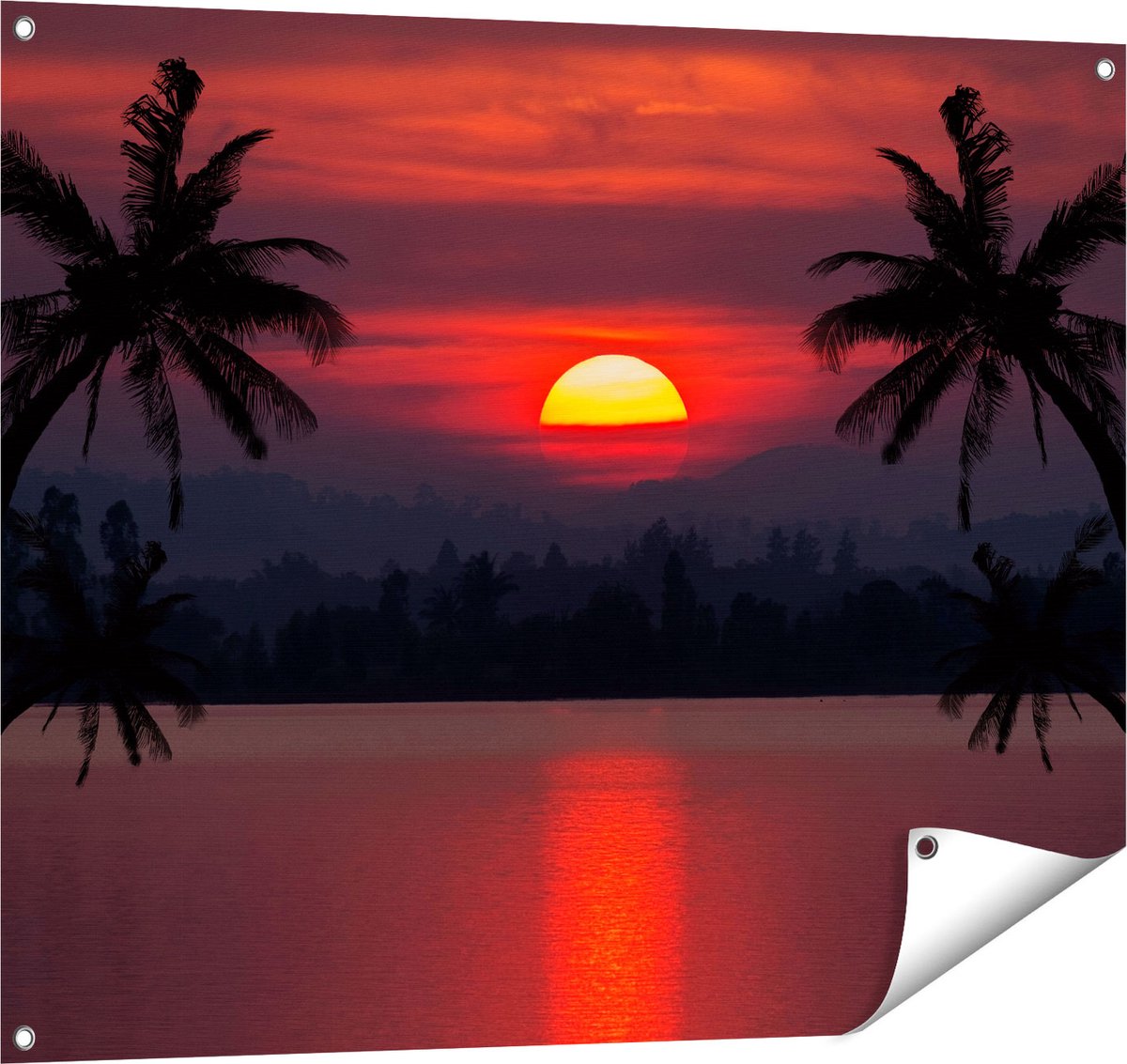 Gards Tuinposter Zonsondergang op het Strand met Palmbomen - 100x80 cm - Tuindoek - Tuindecoratie - Wanddecoratie buiten - Tuinschilderij Multikleur