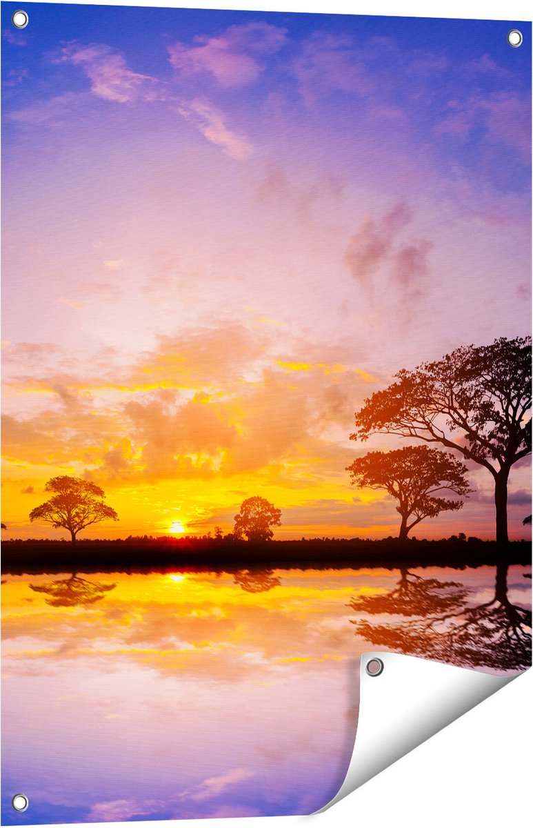 Gards Tuinposter Silhouet van Bomen tijdens Zonsondergang - 60x80 cm - Tuindoek - Tuindecoratie - Wanddecoratie buiten - Tuinschilderij Multikleur