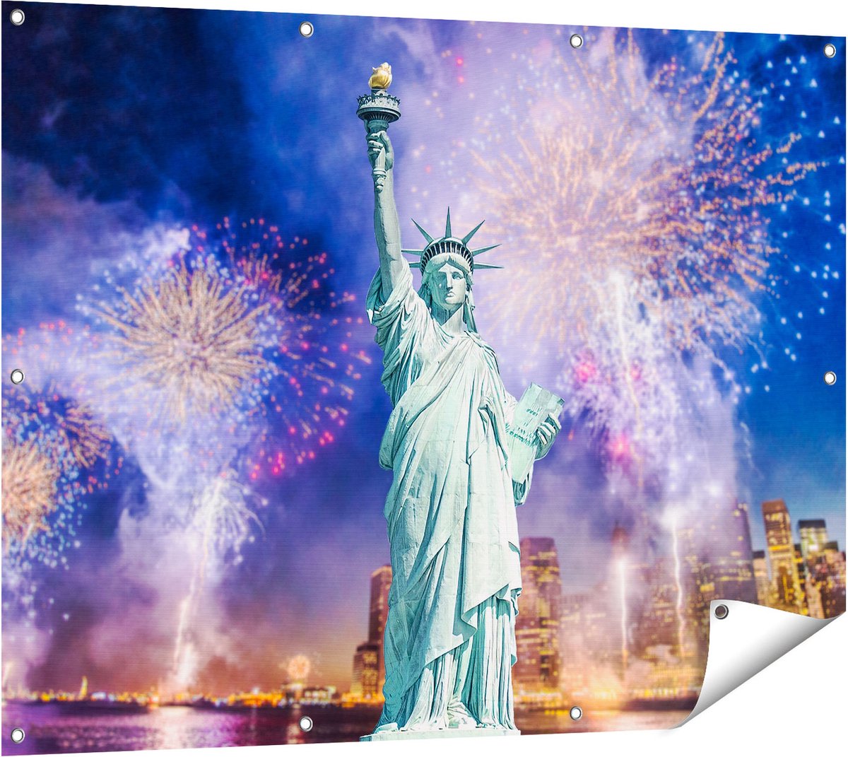 Gards Tuinposter Vrijheidsbeeld in New York met Vuurwerk - 120x90 cm - Tuindoek - Tuindecoratie - Wanddecoratie buiten - Tuinschilderij Multikleur