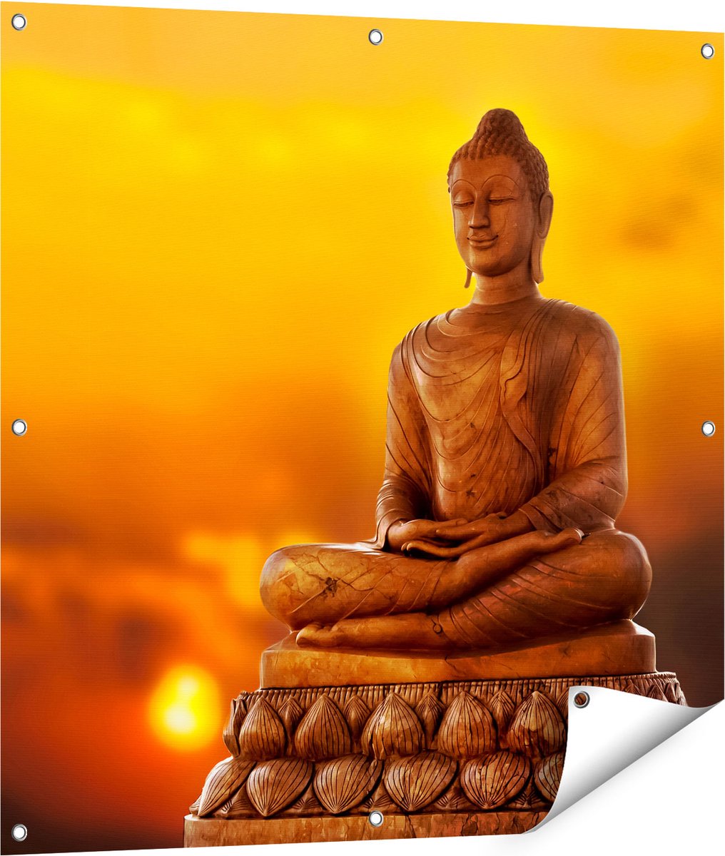 Gards Tuinposter Boeddha Standbeeld bij Zonsondergang - 90x90 cm - Tuindoek - Tuindecoratie - Wanddecoratie buiten - Tuinschilderij Multikleur