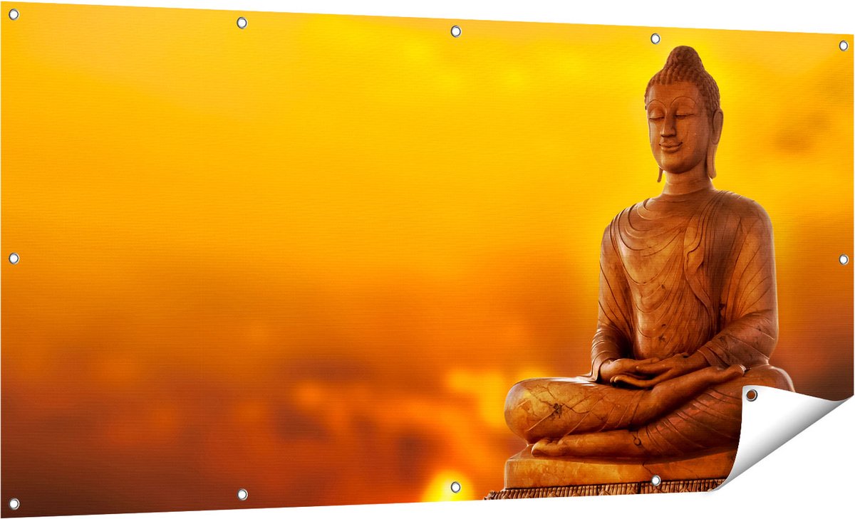 Gards Tuinposter Boeddha Standbeeld bij Zonsondergang - 160x80 cm - Tuindoek - Tuindecoratie - Wanddecoratie buiten - Tuinschilderij Multikleur