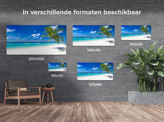 Gards Tuinposter Tropisch Strand met een Palmboom - 100x50 cm - Tuindoek - Tuindecoratie - Wanddecoratie buiten - Tuinschilderij