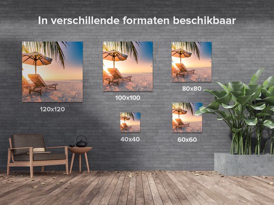 Gars Affiche de jardin Plage tropicale au coucher du soleil - 120x120 cm - Toile jardin - Décoration de jardin - Décoration murale extérieur - Tableau jardin