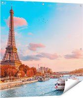 Gards Tuinposter Eiffeltoren in Parijs aan het Water - 90x90 cm - Tuindoek - Tuindecoratie - Wanddecoratie buiten - Tuinschilderij