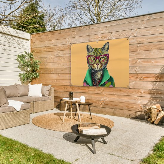 Affiche jardin - Toile jardin - Posters de jardin extérieur - Animaux - Chat - Lunettes - Fleurs - Hippie - 120x80 cm - Jardin