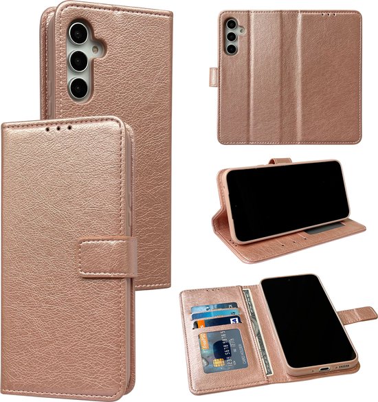 Assemblage d'étuis de téléphone rose doré, fermés et ouverts, avec téléphone et cartes.