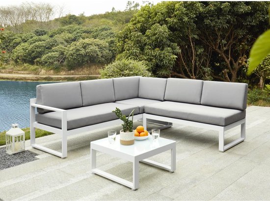 MYLIA Salon de jardin aluminium : Table basse et canapé d'angle avec angle  amovible 6... | bol