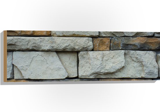 Hout - Stenen Muur in Verschillende Grijs Tinten - 90x30 cm - 9 mm dik - Foto op Hout (Met Ophangsysteem)