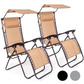 LifeGoods Opvouwbare Tuinstoelen - met Luifel - Verstelbaar Zonnescherm - 2 Stuks - 30°-90° Verstelbaar - Metaal - Beige