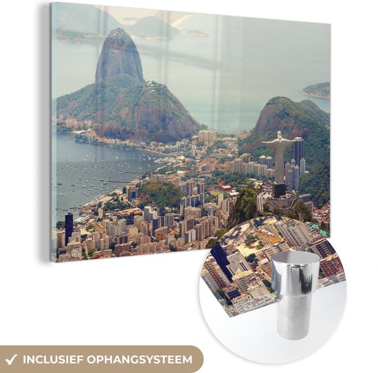 MuchoWow® Glasschilderij 60x40 cm - Schilderij acrylglas - Standbeeld - Rio de Janeiro - Skyline - Foto op glas - Schilderijen