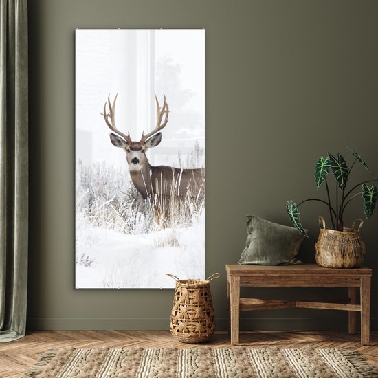 MuchoWow® Peinture sur verre 80x160 cm - Peinture sur verre acrylique - Cerf - Hiver - Neige - Animaux - Saisons - Wit - Photo sur verre - Peintures