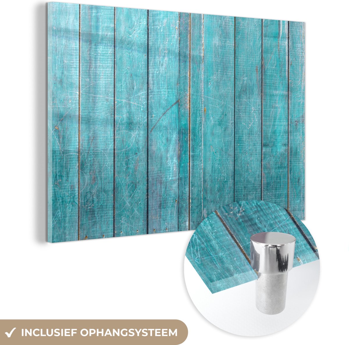 ® Glasschilderij 180x120 cm - Schilderij acrylglas - Hout structuur bedekt met turquoise verf - Foto op glas - Muurdecoratie woonkamer - Wanddecoratie slaapkamer - Schilderijen