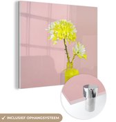 MuchoWow® Glasschilderij 20x20 cm - Schilderij acrylglas - Bloemen - Verf - Geel - Foto op glas - Schilderijen