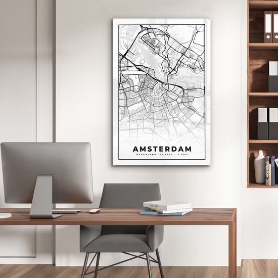 MuchoWow® Peinture sur Verre - Carte - Amsterdam - Zwart - Wit - 80x120 cm - Peintures sur Verre Peintures - Photo sur Glas