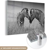 MuchoWow® Glasschilderij 180x120 cm - Schilderij acrylglas - Moeder zebra en haar jong - zwart wit - Foto op glas - Schilderijen
