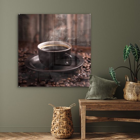MuchoWow® Peinture sur verre 90x90 cm - Peinture sur verre - Café - Chaud - Grains de café - Photo sur verre acrylique - Peintures