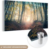 MuchoWow® Glasschilderij 160x80 cm - Schilderij acrylglas - Bos - Mist - Zon - Herfst - Foto op glas - Schilderijen