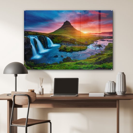 Peinture sur verre - Photo sur verre - Cascade - Islande - Coucher de soleil - Berg - Verre acrylique - Peinture sur verre nature - Peinture sur verre - 120x80 cm - Décoration murale - Décoration Décoration murale