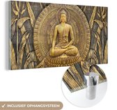 MuchoWow - Glasschilderij - Foto op glas - Boeddha - Zen - Brons - Buddha beeld - Muurdecoratie Boeddha - Wanddecoratie - 40x20 cm - Schilderij glas - Acrylglas