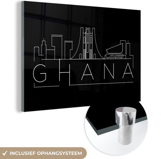 MuchoWow® Glasschilderij 60x40 cm - Schilderij acrylglas - Skyline "Ghana" op een zwarte achtergrond - Foto op glas - Schilderijen