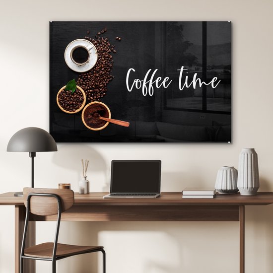 MuchoWow® Peinture sur verre 120x80 cm - Peinture sur verre acrylique - Citations - Dictons - L'heure du Coffee - Café - Photo sur verre - Peintures