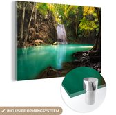 MuchoWow® Glasschilderij 120x80 cm - Schilderij acrylglas - Zonlicht bij een waterval in het Nationaal park Erawan in Thailand - Foto op glas - Schilderijen