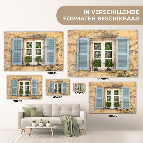 Peinture sur verre - Vieux Mur aux volets bleus - 120x80 cm - Peintures sur Verre Peintures - Photo sur Glas