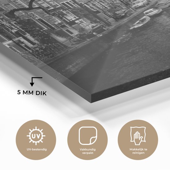 Peinture sur Verre - Canal d'Amsterdam - Zwart - Wit - 120x80 cm - Peintures sur Verre Peintures - Photo sur Glas