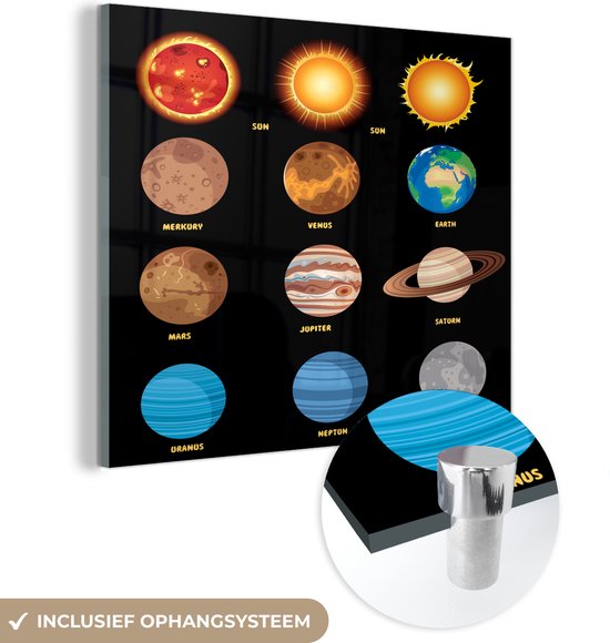 MuchoWow® Glasschilderij 50x50 cm - Schilderij acrylglas - Verschillende planeten van het zonnestelsel - Foto op glas - Schilderijen