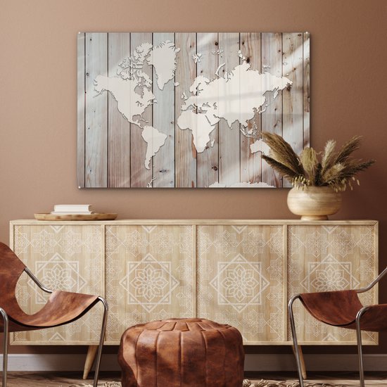 Peinture sur verre - Carte du Wereldkaart - Bois - Simple - 120x80 cm - Peintures en plexiglas