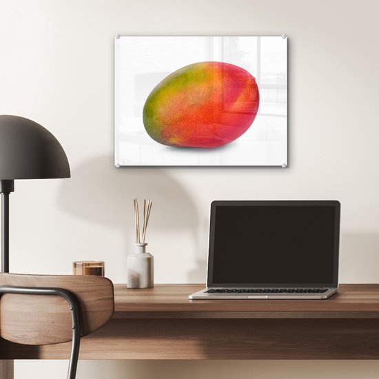 ® Glasschilderij 40x30 cm - Schilderij acrylglas - Groene en oranje mango op witte achtergrond - Foto op glas - Muurdecoratie woonkamer - Wanddecoratie slaapkamer - Schilderijen