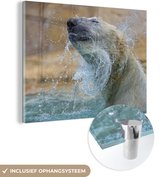 MuchoWow® Glasschilderij 120x90 cm - Schilderij acrylglas - IJsbeer - Water - Rots - Foto op glas - Schilderijen