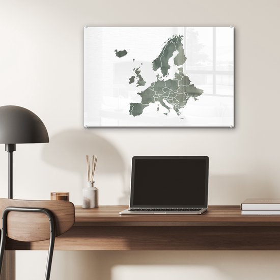 ® Glasschilderij 60x40 cm - Schilderij acrylglas - Kaart Europa - Waterverf - Grijs - Foto op glas - Muurdecoratie woonkamer - Wanddecoratie slaapkamer - Schilderijen