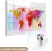 MuchoWow® Glasschilderij 30x20 cm - Schilderij acrylglas - Wereldkaart - Aquarel - Regenboog - Foto op glas - Schilderijen