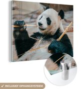 MuchoWow® Glasschilderij 80x60 cm - Schilderij acrylglas - Panda - Beren - Bamboe - Foto op glas - Schilderijen