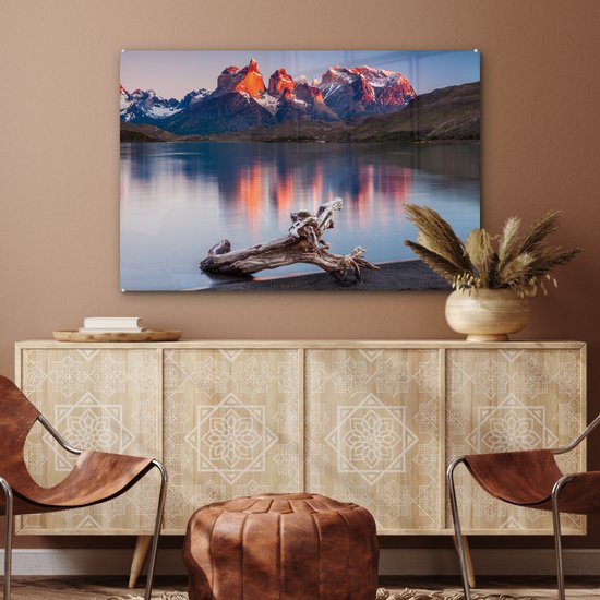 Coucher de soleil dans le parc national Torres del Paine au Chili Plexiglas 90x60 cm - Tirage photo sur Glas (décoration murale en plexiglas)
