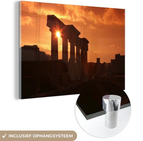MuchoWow® Glasschilderij 180x120 cm - Schilderij acrylglas - Een ruïne in Pompeï met een zonsondergang in Italië - Foto op glas - Schilderijen