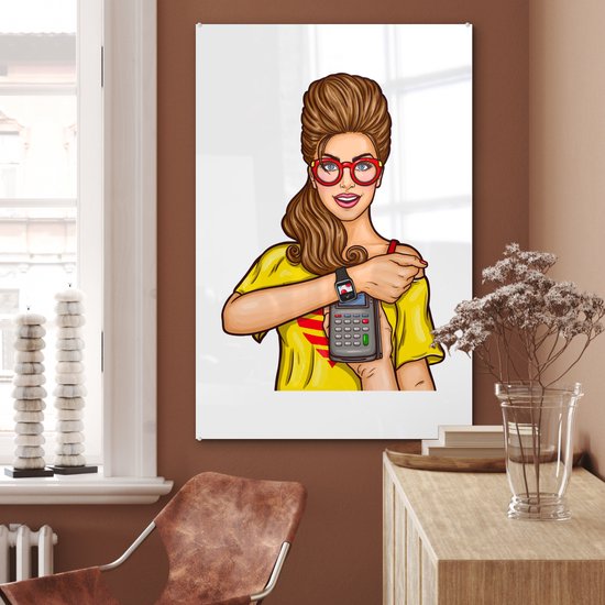 MuchoWow® Peinture sur verre - Femme Pop art avec calculatrice et montre - 60x90 cm - Peintures sur verre acrylique - Photo sur Glas